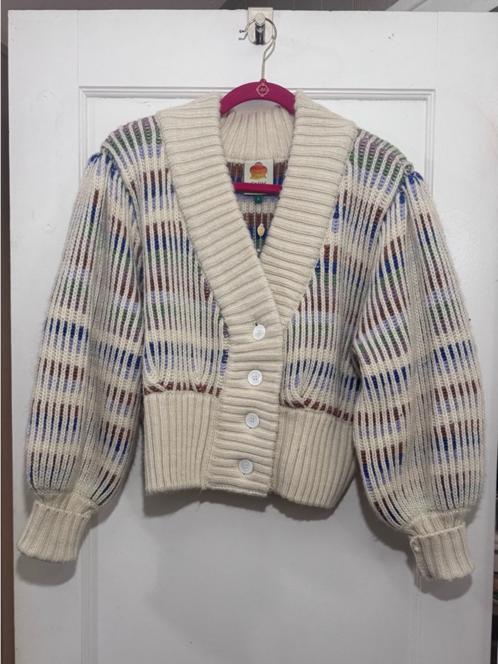 FARM Rio NWT Ivory chunky Knit V-Neck Cardigan Sweater w/ Multicolor Accents - Picture 2 of 7